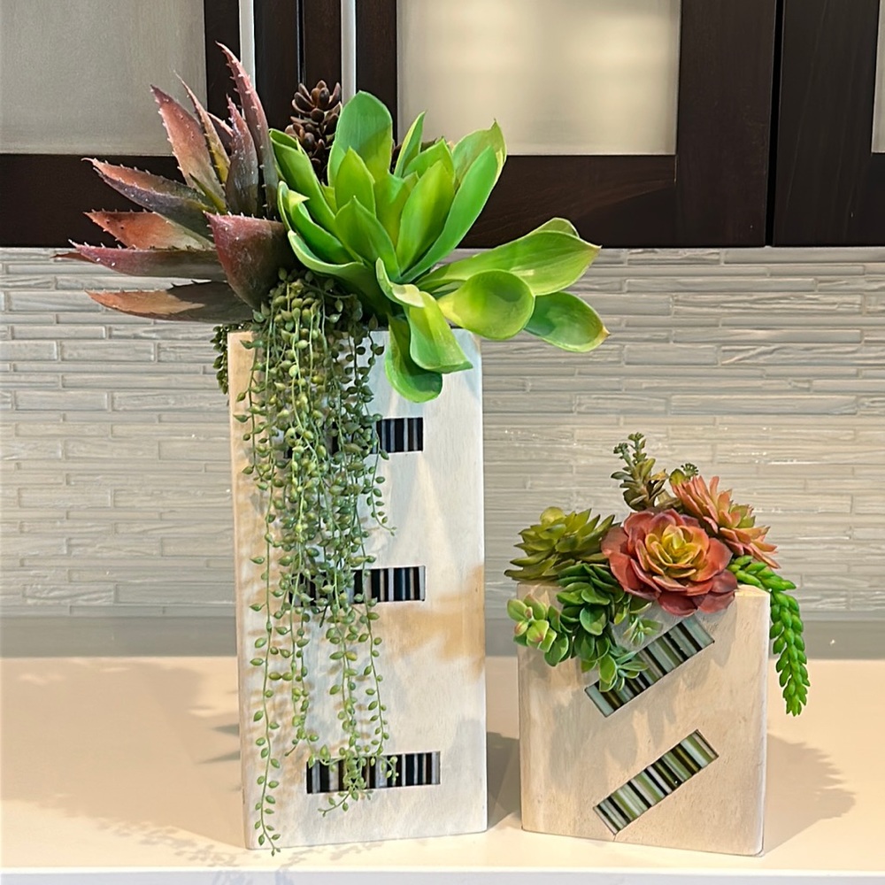 Wooden Vases with Faux Succulents - Set of 2